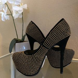 Posh Black Velvet Gold Studded Stiletto Heels